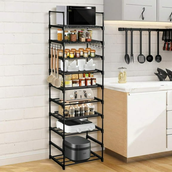10-Tier Modular Metal Kitchen Organizer - Space-Saving Shelf For Spices/Cookware/Small Appliances, Heavy Duty Pantry Storage Rack With Adjustable Hooks - Matte Black Kitchen Cabinet Organizer