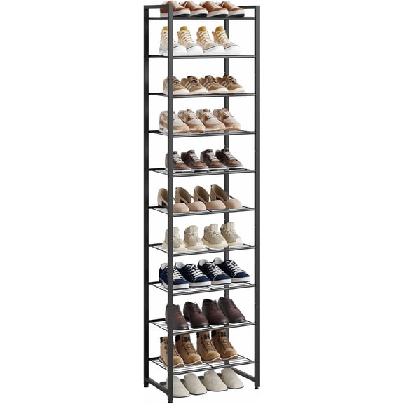 10-Tier Narrow Metal Shoe Rack with Anti-Tip Strap, Holds 22 Pairs, Adjustable Bottom Tier, Black Bestseling