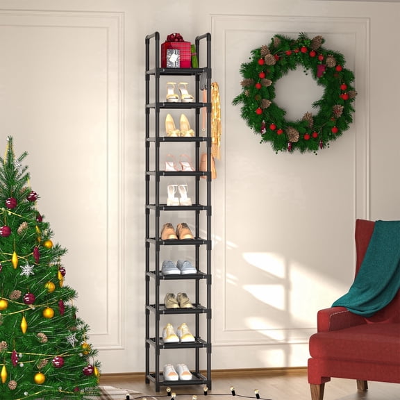 10 Tier Narrow Tall Shoe Rack with Hooks10-15 Pairs, Sturdy Shoe Storage Organizer for Closet, Space Saving Shoe Shelf for Garage, Small Space