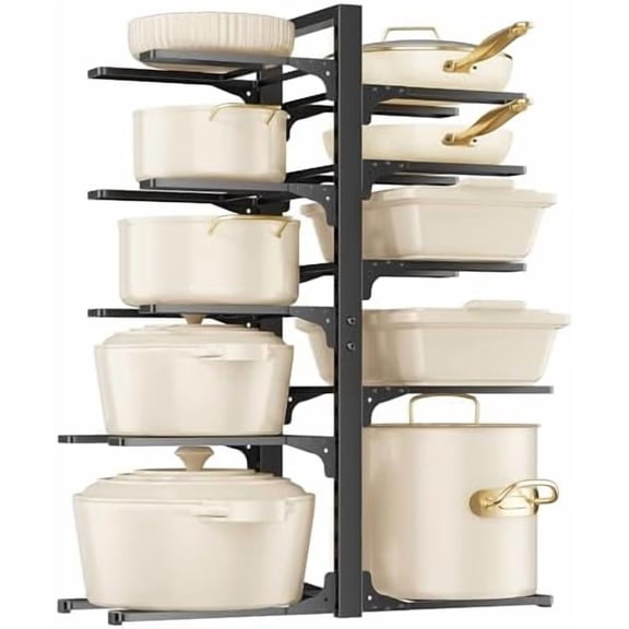 10-Tier Pots and Pans Organizer under Cabinet, 23.62" Height Heavy Duty Pot and Pan Organizer Kitchen Cabinet Organization and Storage, Adjustable Pot Rack for Frying Pan, Cast Iron Skillet