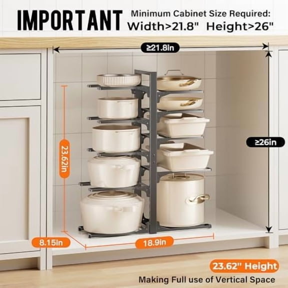 10-Tier Pots and Pans Organizer under Cabinet, 23.62" Height Heavy Duty Pot and Pan Organizer Kitchen Cabinet Organization and Storage, Adjustable Pot Rack for Frying Pan, Cast Iron Skillet