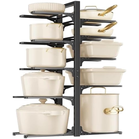 10-Tier Pots and Pans Organizer under Cabinet, 23.62" Height Heavy Duty Pot and Pan Organizer Kitchen Cabinet Organization and Storage, Adjustable Pot Rack for Frying Pan, Cast Iron Skillet