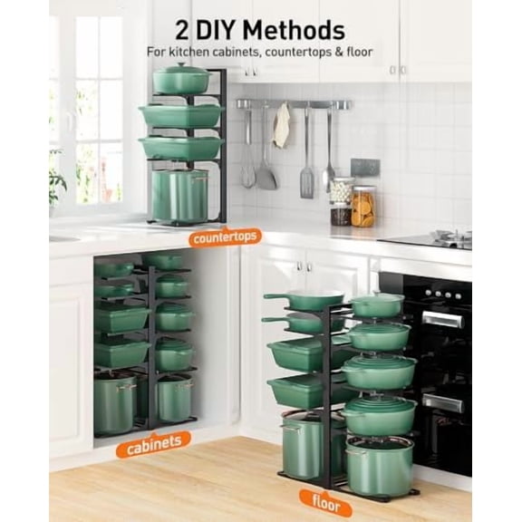 10-Tier Pots and Pans Organizer under Cabinet, Kitchen Cabinet Organizers and Storage, Heavy Duty Pots and Pan Storage Rack Organizer inside Cabinet, Adjustable