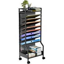 10 Tier Rolling File Cart, Desk File Organizer with Wheels and Storage Drawers, Legal documents can be stored, Metal Mesh Paper Letter Storage Multi-Functional Clutter Cart, Black