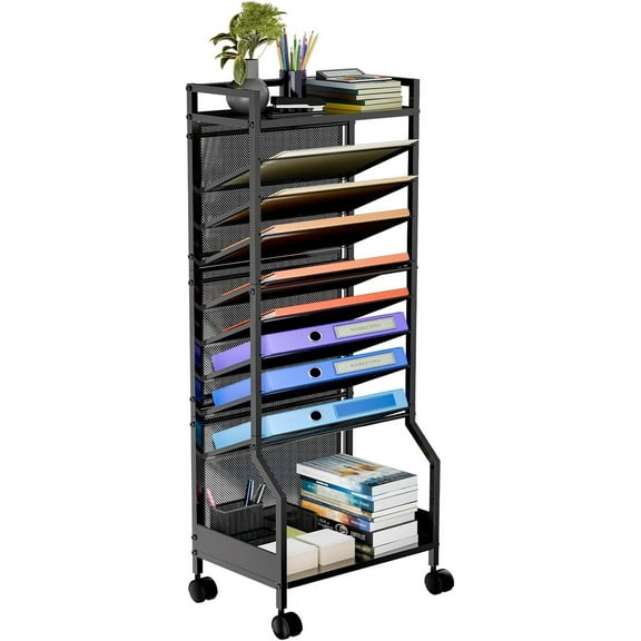 10 Tier Rolling File Cart, Desk File Organizer with Wheels and Storage Drawers, Legal documents can be stored, Metal Mesh Paper Letter Storage Multi-Functional Clutter Cart, Black