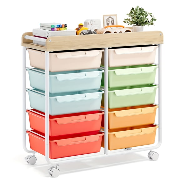 10-Tier Rolling Storage Cart w/Drawers & Tabletop, Portable Organizer for Home, Office, Classroom - Art, Crafts, Cosmetics
