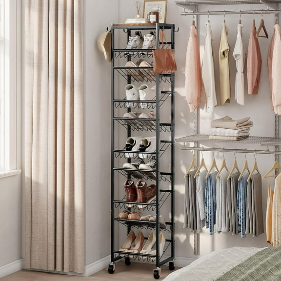 10 Tier Rotating Vertical Shoe Rack Tower, Wooden Tall Shoe Storage Organizer with Hooks, Sturdy Metal Narrow Shoe Shelf for 20 Pairs, Space Saving Rack for Closet Entryway, Rustic Brown