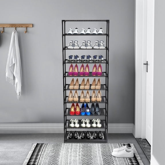 10 Tier Shoe Rack for 30 Pairs Freestanding Modular Organizer with Black Gray Tubes and Fabric Shelves Space Saving Shoe Storage for Entryway Closet Dorm Room Random New or Old Style