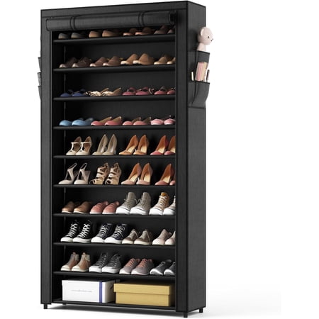 10 Tier Shoe Rack with Covers,Large Capacity Stackable Tall Shoe Shelf Storage to 50-55 Pairs Shoes and Boots Sturdy Metal Free Standing Shoe Rack Organizer for Closet Entryway Garage