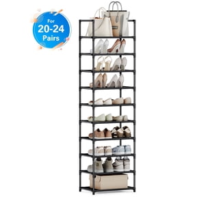 10-Tier Narrow Shoe Rack, Bug Hull Shoe Organizer with Non-Woven Shelves, Space-Saving Shoe Tower, Black