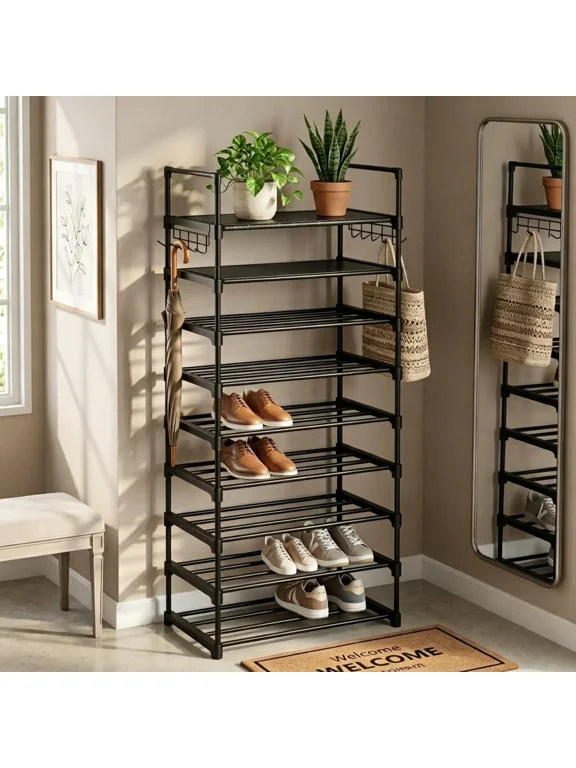 10 Tier Shoe Rack Narrow Shoe Shelf Tall Metal Shoe Storage Organizer for Entryway Closet, Freestanding Boot Rack with Hooks, Holds 20-24 Pairs, Includes Wooden Mallet and Non Slip Gloves