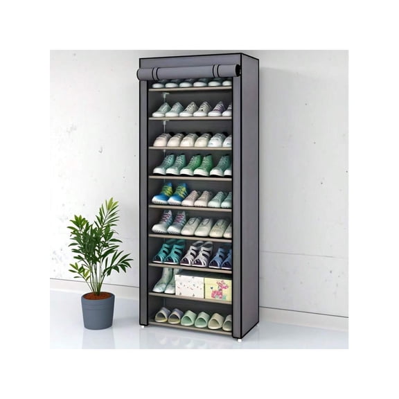 10 Tier Shoe Rack Organizer with Dustproof Fabric Cover, Large Capacity Portable Closet Shelf for Boots & High Heels, Space Saving Entryway Storage Tower, Grey