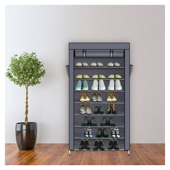 10 Tier Shoe Rack Organizer with Cover - Dustproof Shoe Storage Cabinet for Entryway Closet - Holds 45 Pairs - Black