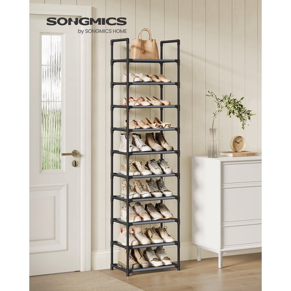SONGMICS Shoe Rack, 10-Tier Shoe Shelf, Shoe Storage Organizer, 11 x 17.7 x 68 Inches, Metal Frame, Non-Woven Fabric Shelves, for Entryway, Bedroom, Gray