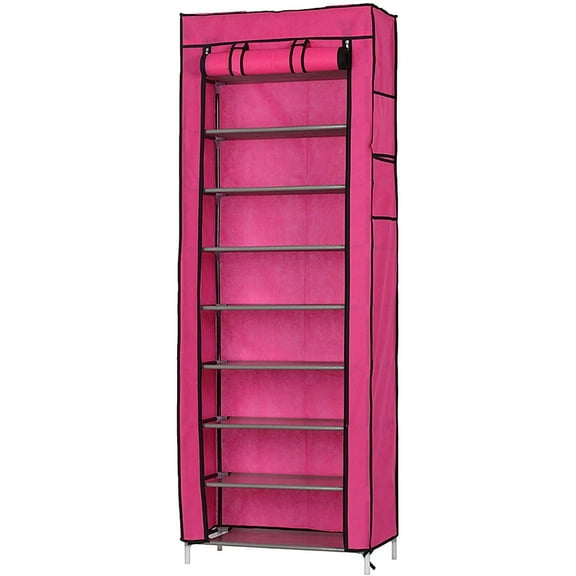 10 Tier Shoe Rack, Storage Organizer Non-Woven Fabric Cover Shoe Rack Cabinet Portable Single Row Shoe Rack Shelf Cabinet Tower with Dustproof Cover for Closet Entryway HallwayRose Red