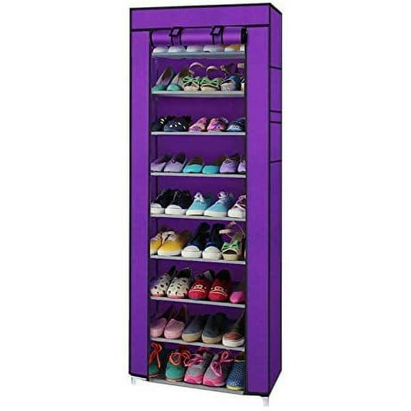 10 Tier Shoe Rack, Storage Organizer Non-Woven Fabric Cover Shoe Rack Cabinet Portable Single Row Shoe Rack Shelf Cabinet Tower with Dustproof Cover for Closet Entryway Hallway（Purple）