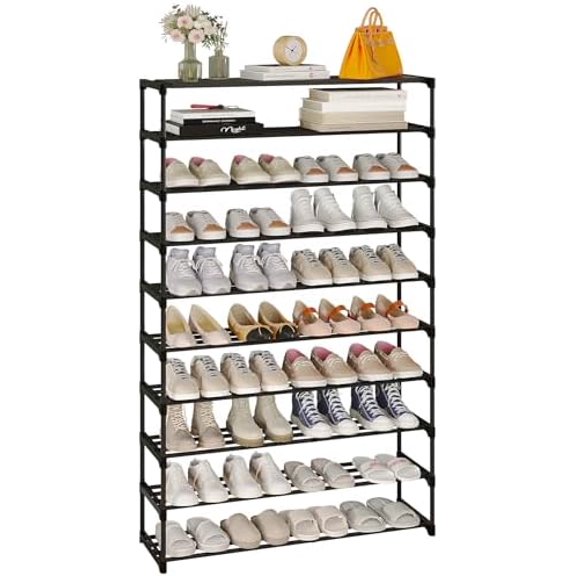 10-Tier Shoe Rack, Tall Large Capacity 50 Pairs Shoes Storage Organizer, Stackable Wide Shoe Shelf for Entryway, Hallway, Black