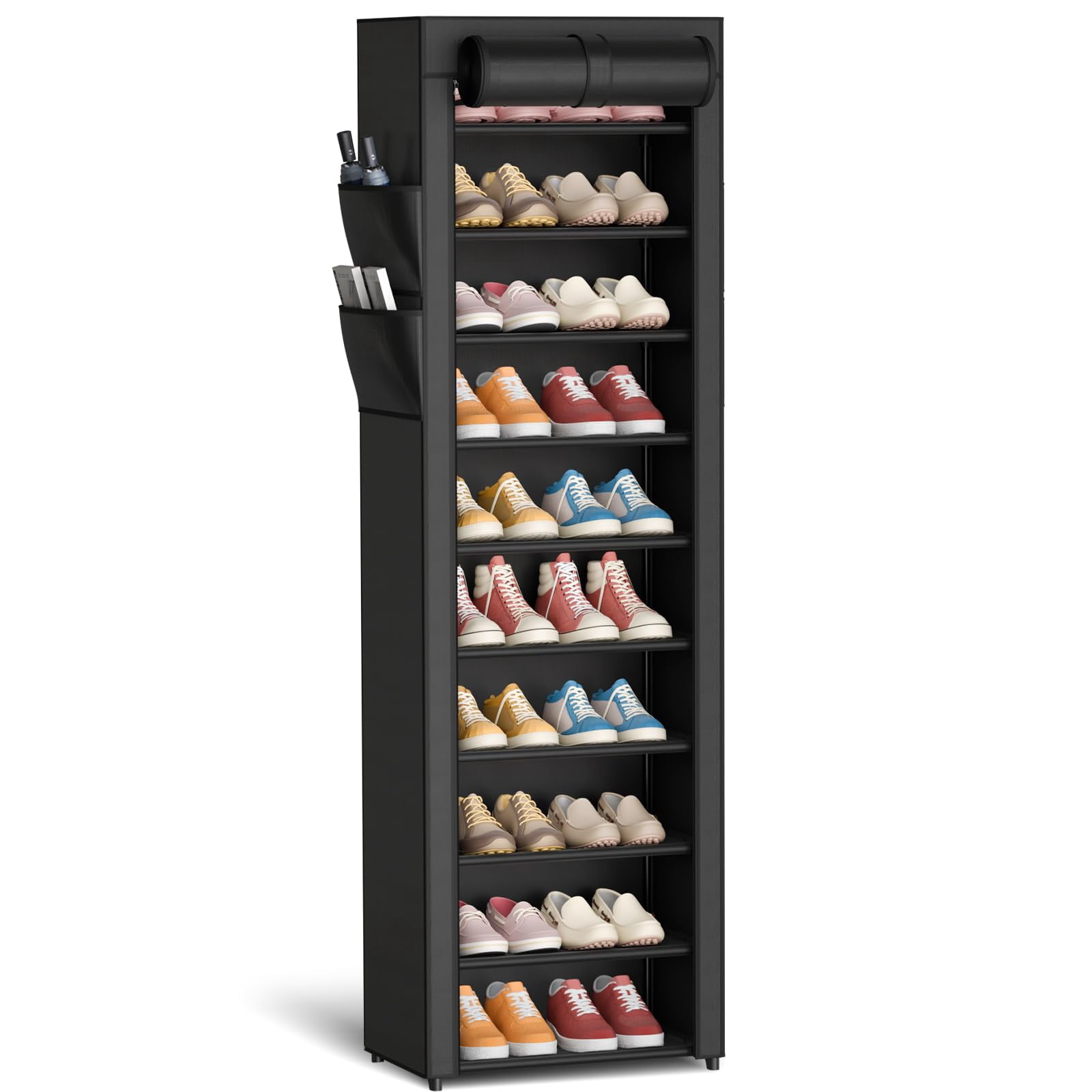 Formula 1 Rack 10-Tier Shoe Rack with Cover, Vertical Shelf, 17.5