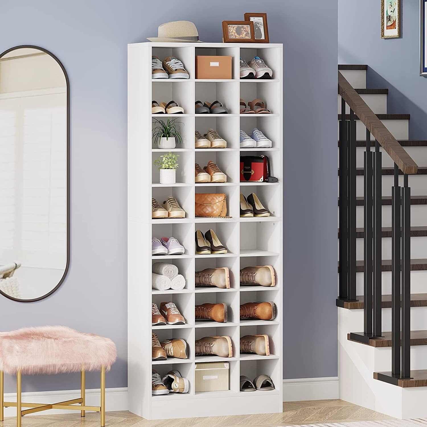 White 10-Tier Wooden Shoe Storage Cabinet with 30 Cubbies