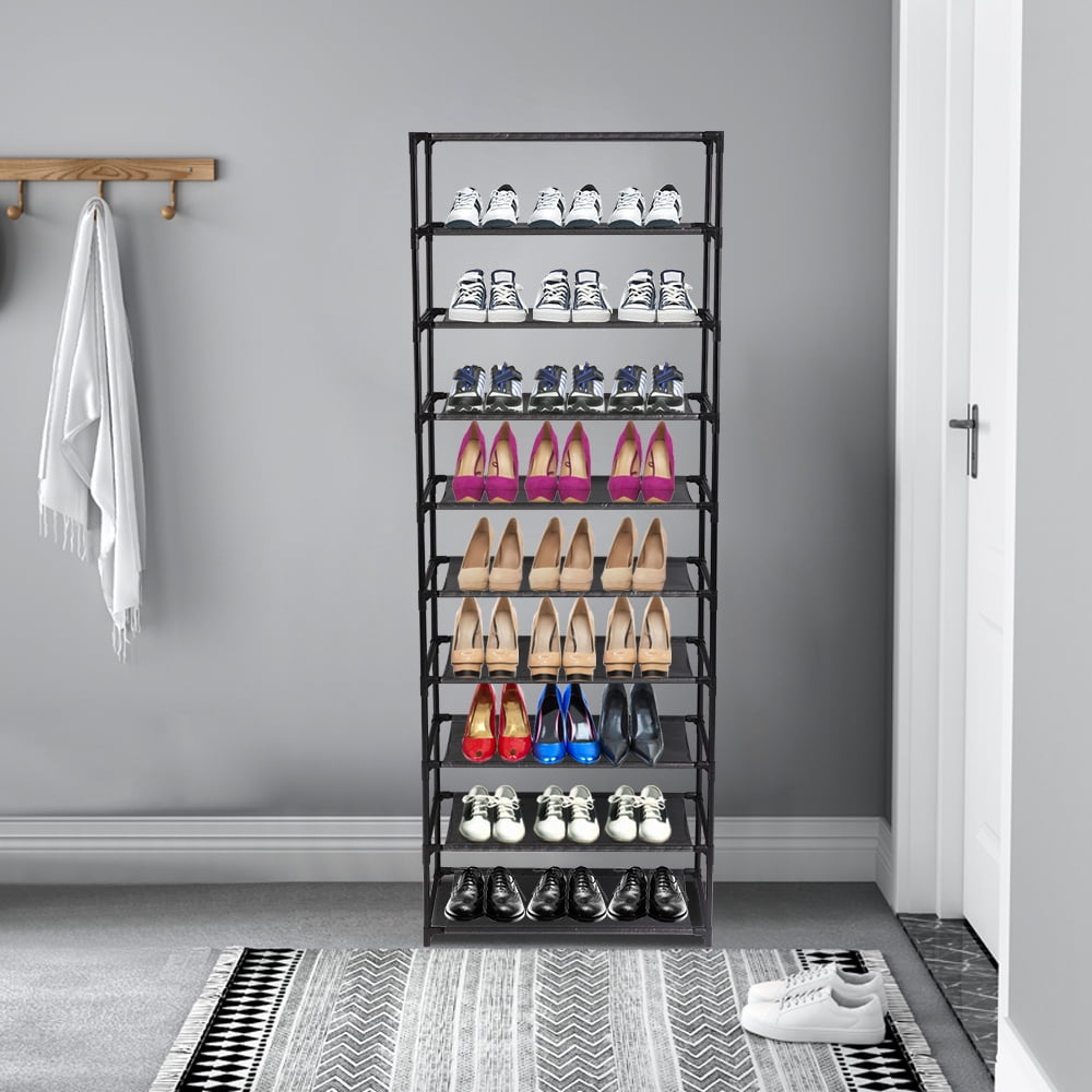 10 Tier Stackable Shoe Rack Storage Shelves,  Stainless Steel Frame Heavy Duty Holds 50 Pairs of Shoes, Easy Assemble, Black