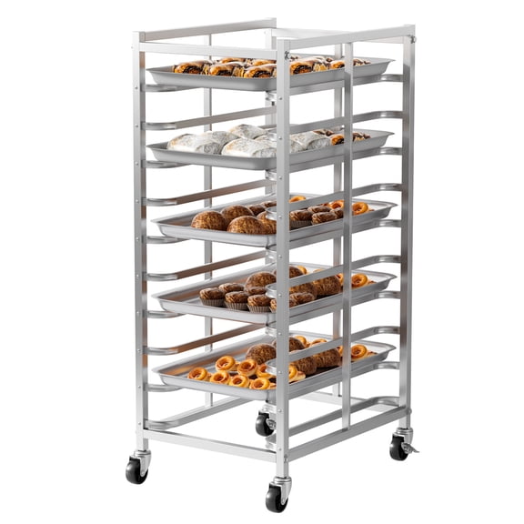 10-Tier Stainless Steel Baking Rack with Wheels, Commercial Pan Trolley, Movable & Detachable Bakery Stand for Oven Bread Pastry, 33lbs per Shelf, Locking Casters