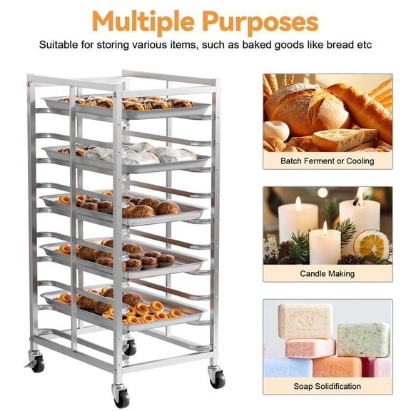 10-Tier Stainless Steel Bun Pan Cart Square Tube Structure with Wheels Commercial Bakery Rack Fits Half and Full Size Baking Sheets Brake Casters Size 60x46x115cm 33lbs Load Capacity Per Layer