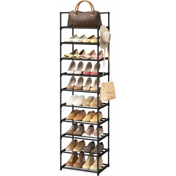 10-Tier Tall Black Metal Shoe Rack, 20-24 Pair Stackable Shoe & Boot Organizer with Hooks, 17.1D x 11.8W x 78.7H in Storage Shelf for Entryway