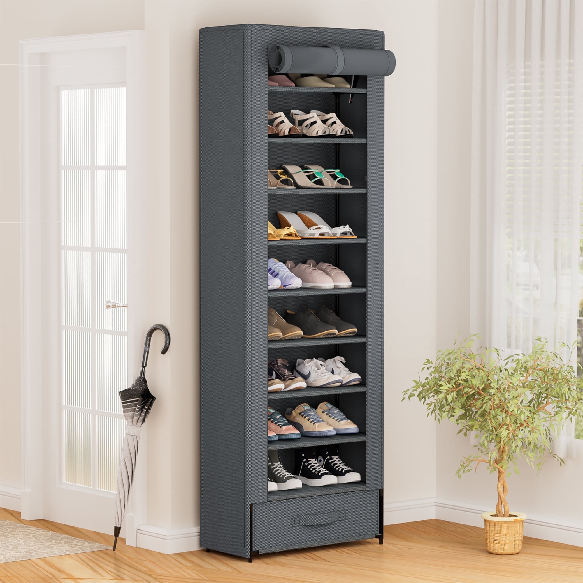 Covered Rack Orginazer 10 Tier Tall Fabric Covered Shoe Rack with bin, Functional Dustproof ...