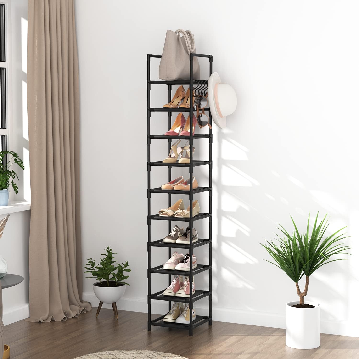 10-Tier Tall Narrow Shoe Rack for 10-15 Pairs - Space Saving Corner ...