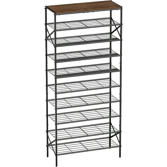 10-Tier Tall Shoe Rack Organizer Shoe Storage for Entryway 30-40 Pairs Metal Shoe Rack for Closet Heavy-Duty Shoe Rack with Wooden Top Shelf for Garage Rustic Brown
