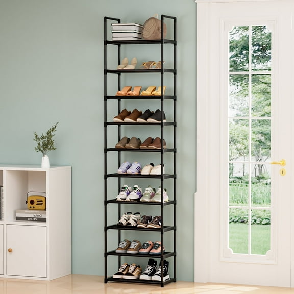 10 Tier Tall Shoe Rack, Sturdy Narrow Metal Shoe Rack Organizer for 20-25 Pairs, Save Space Shoe Racks for Closets, Bedroom, Garage, Bathroom, Large Capacity Shoe Shelf