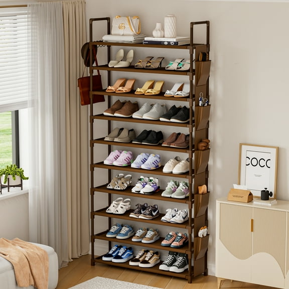 10 Tier Tall Shoe Rack with 5 Hooks and Pocket, Sturdy Shoe Storage Organizer for Closet, Large Capacity Space Saving Shoe Shelf for Garage