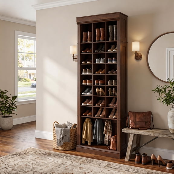 10-Tier Tall Shoe Storage Cabinet with Boot Racks, 73” Narrow Wooden Organizer with 27 Cubbies, Farmhouse Freestanding Shoe Rack for Entryway & Closet