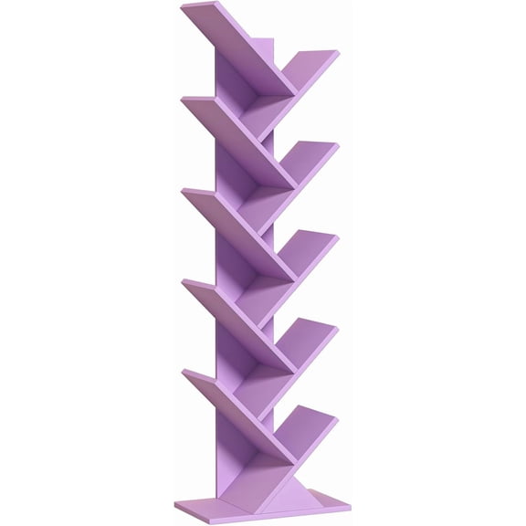10 Tier Tree Book Shelf, Floor Standing Wood Bookshelf for Narrow Space, Storage Organizer Bookshelves for Books/CDs/Magazine, Bookcase with Shelves for Home Office, Living Room-Dream Purple