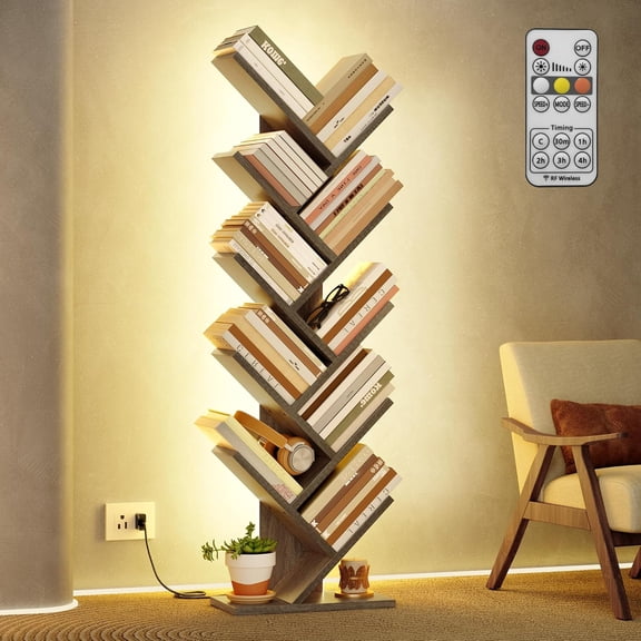 10 Tier Tree Bookshelf, Tall Bookcase, Freestanding Book Shelf with LED Lights, Display Floor Standing Storage Shelf, Book Organizer Shelves for Home Office, Living Room, Greige