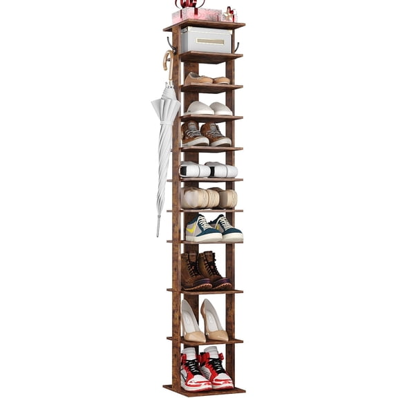 10-Tier Vertical Corner Shoe Rack with Two Hanging Hooks, Wooden Shoe Storage Stand, Rustic Brown, 11.02"D x 11.02"W x 62.2"H