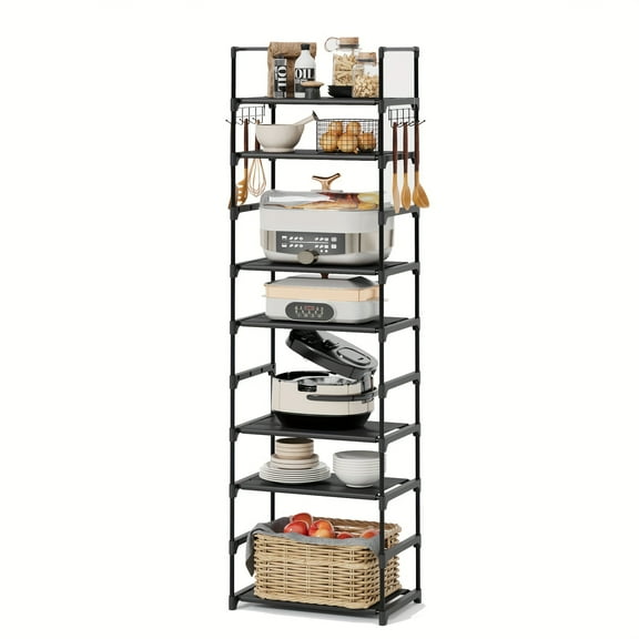 10-Tier Vertical Metal Kitchen Storage Shelf with Hooks, Spice Rack, Shoe Rack, Pots & Pans Organizer for Pantry, Black