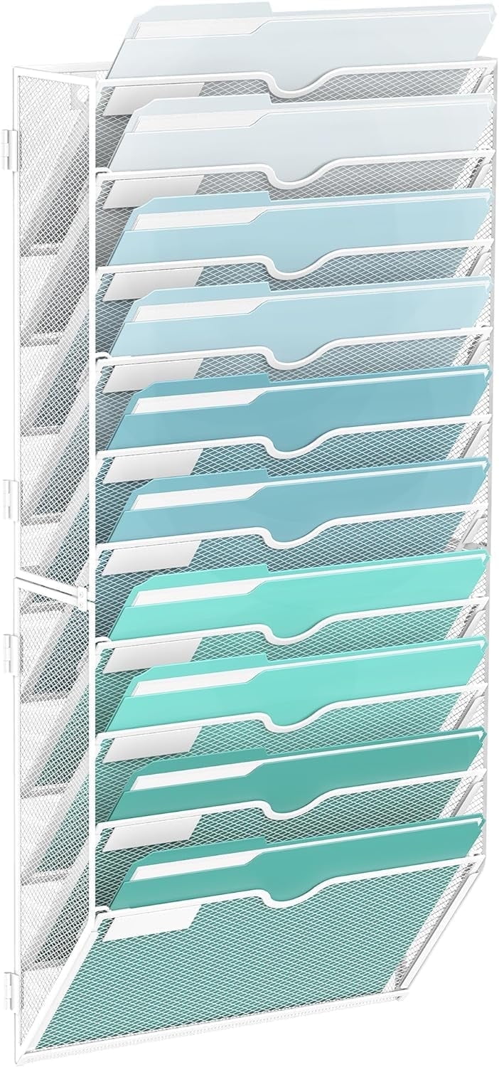 INTIGE 10-Tier Metal Wall File Organizer, Hanging Paper Organizer, White, Screw Mount