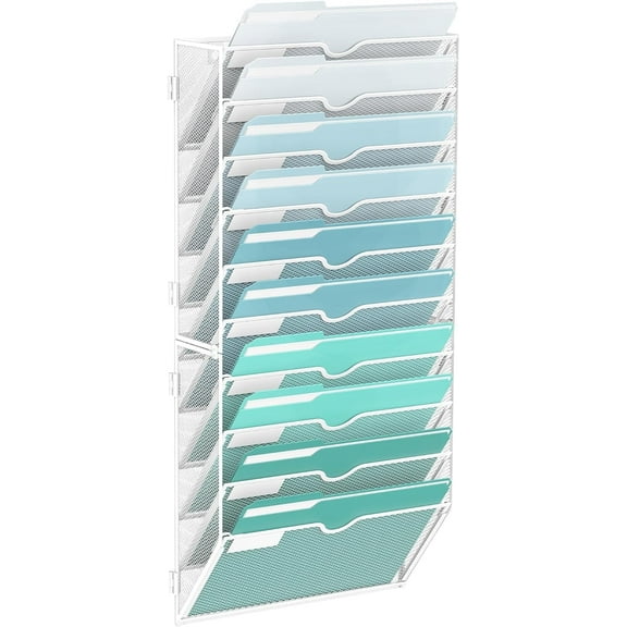INTIGE 10-Tier Metal Wall File Organizer, Hanging Paper Organizer, White, Screw Mount