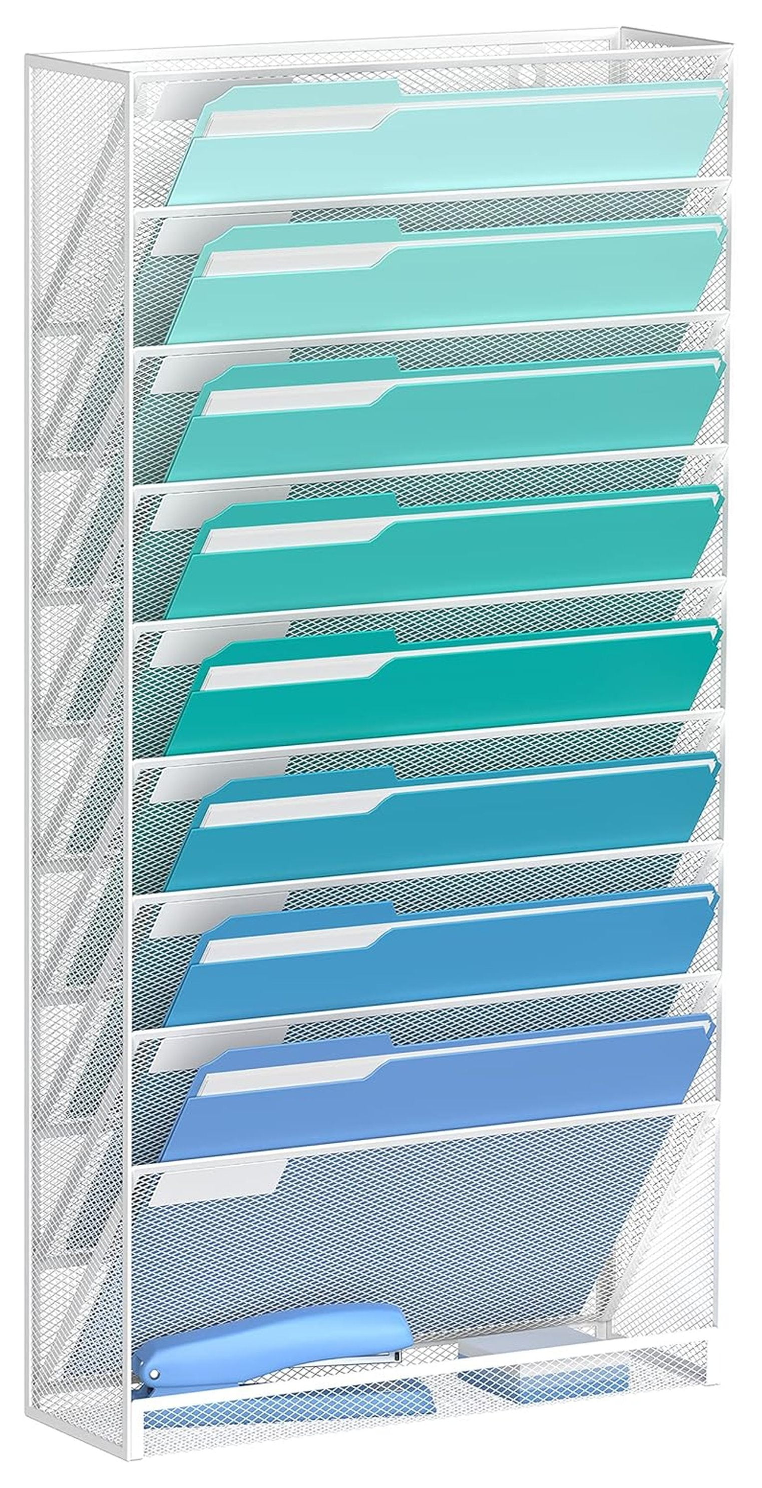 10-Tier Wall File Organizer Mesh Hanging File Organizer for Papers, Folders, Files Clipboard & Magazine Organization, Ideal Wall Organizer for Office Home, White