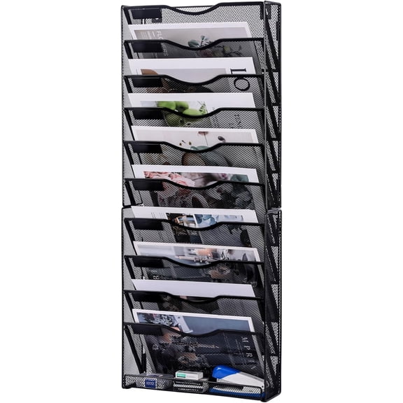 10-Tier Wall File Organizer, Mesh Mail Organizer Wall Mounted Paper Document Holder, Vertical Magazine Rack, Metal Hanging Clipboard Storage Basket for Office Home School Organization, Black