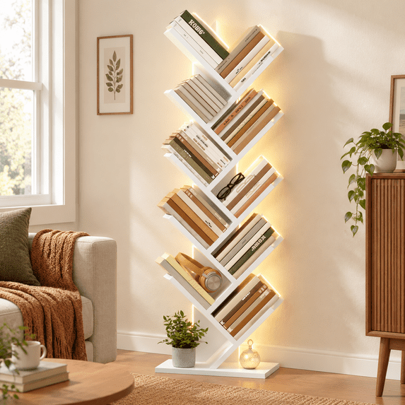 Led Florring 10 Tier White Tree Bookcase with LED Lights Freestanding Floor Storage ...