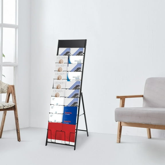10 Tiers A4 Brochure Metal Newspapers Magazine Stand, 20 Card Pockets Documents Display Rack Free Standing Holder