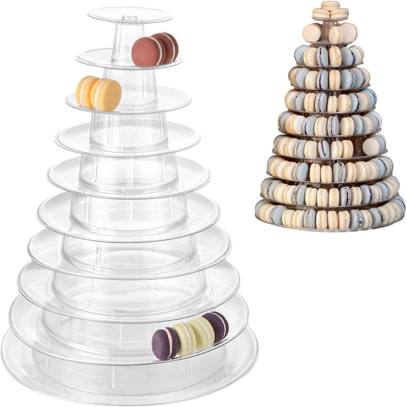 10 Tiers Macaron Tower Stand, Clear Round Macaron Display Tower Stand, Plastic Macaron Display Holder Cake Dessert Serving Tower Tray for Wedding Birthday Baby Shower Party Decor