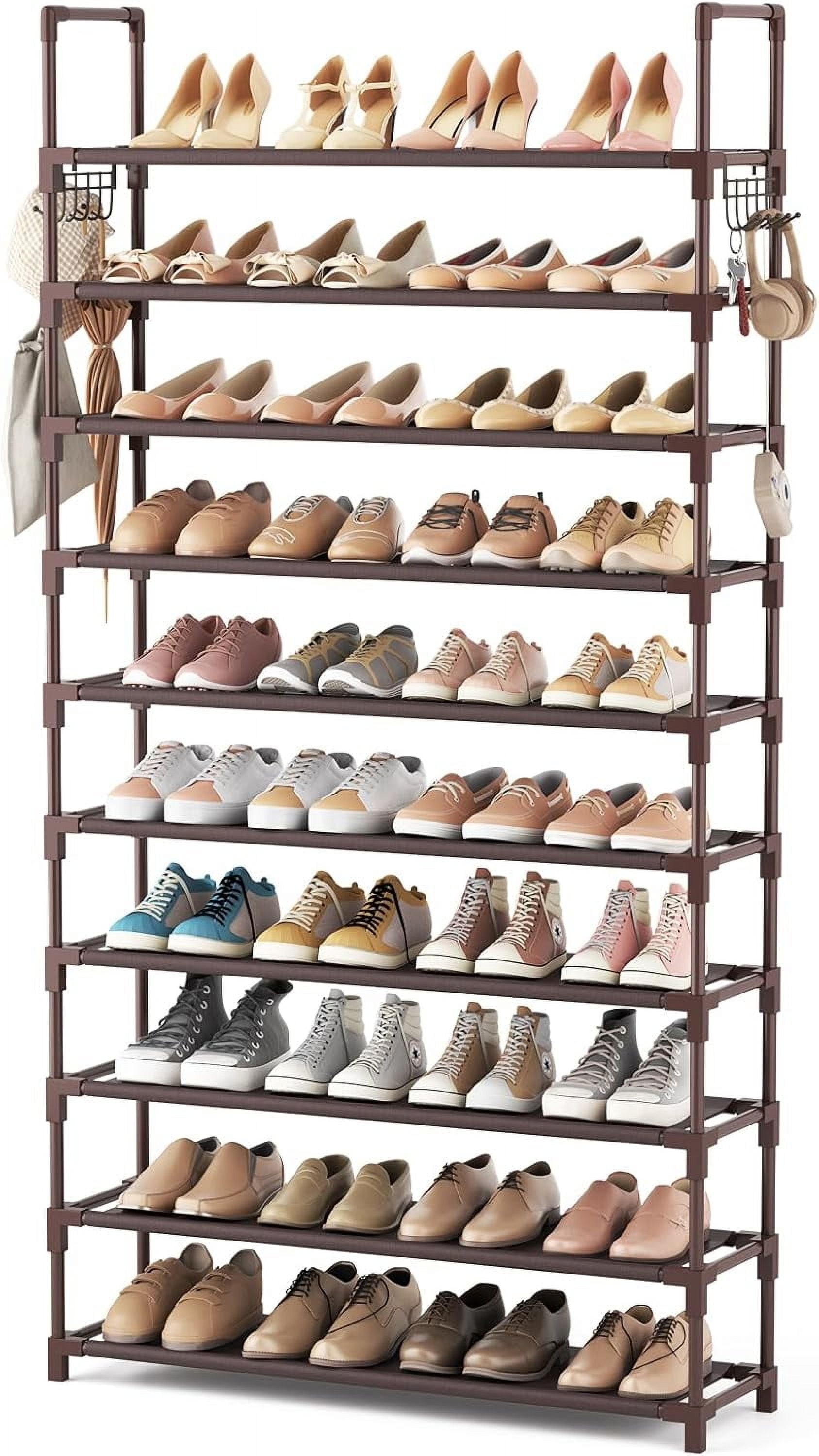 10 Tiers Shoe Rack Tall Large Capacity Wide Shoe Organizer Sturdy Shoe Shelf for Entryway with Two Hooks Metal Shoe Storage for Closet, Bedroom, Brown