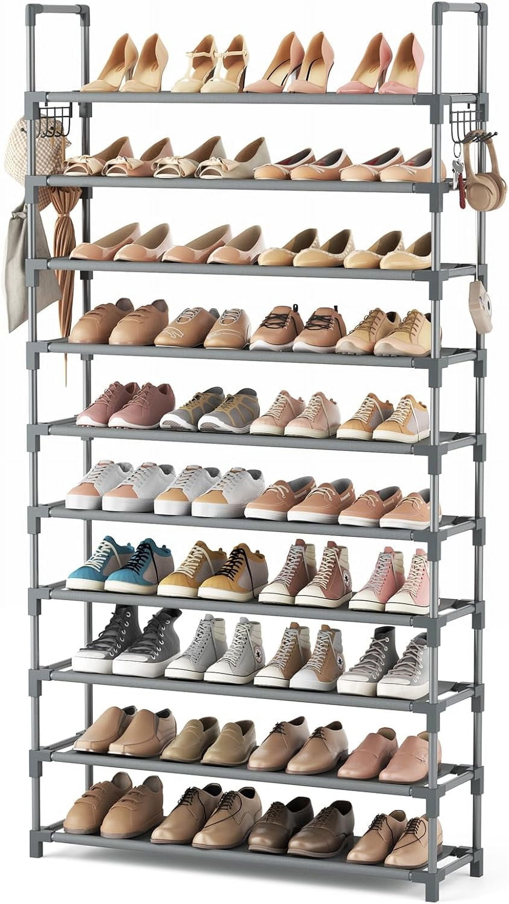 10 Tiers Shoe Rack Tall Large Capacity Wide Shoe Organizer Sturdy Shoe Shelf for Entryway with Two Hooks Metal Shoe Storage for Closet, Bedroom, Grey