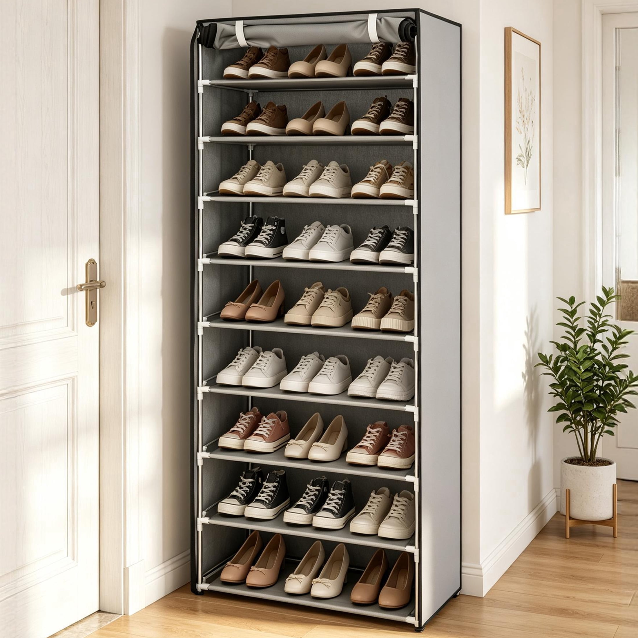 10 Tier Shoe Rack with Dustproof Cover, Tall Shoe Storage Organizer for 27 Pairs, Removable Shelves, Space-Saving Shoe Cabinet for Entryway Bedroom Closet, Grey