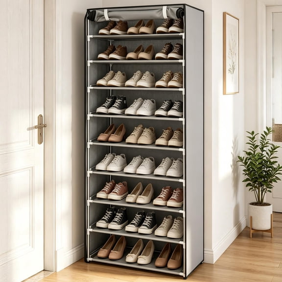 10 Tier Shoe Rack with Dustproof Cover, Tall Shoe Storage Organizer for 27 Pairs, Removable Shelves, Space-Saving Shoe Cabinet for Entryway Bedroom Closet, Grey
