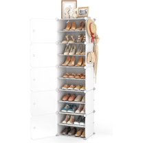 10 Tiers Tall Shoe Rack 20 Pair Shoe Organizer Narrow Shoe Rack with Door Portable Shoe Storage Cabinet with Hooks Sturdy Plastic White Shoe Shelf for Entryway and Bedroom