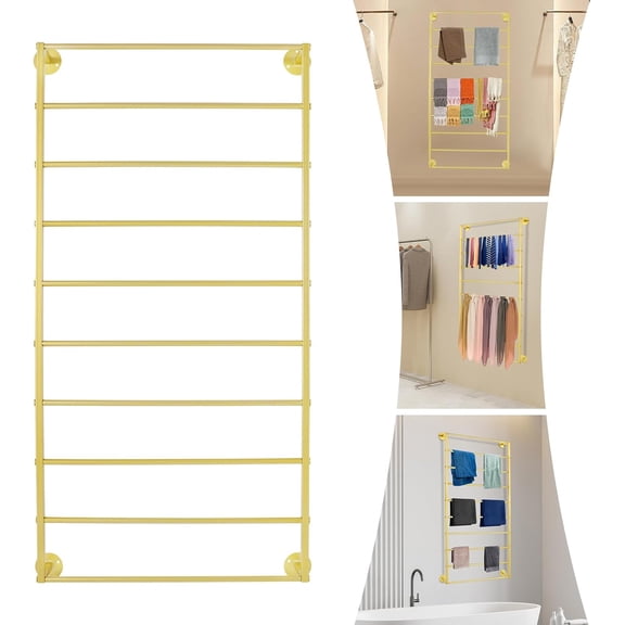 10 Tiers Tie & Scarf Rack, Wall Mounted Scarf Rack, Wall Display Rack, Multifunctional Metal Rack, Towels Storage Rack, Ribbon Holder Wall Display Rack for Accessory Stores Flower Shops (Gold)